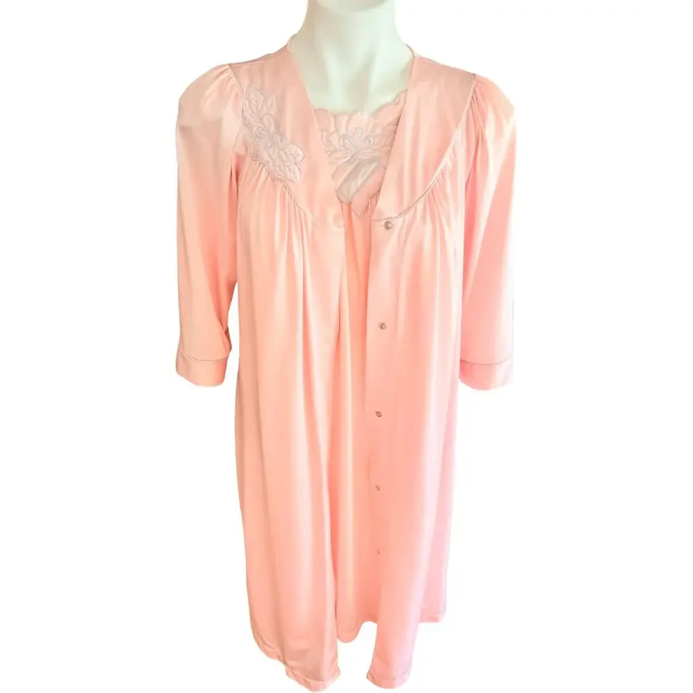 Vintage Shadowline Peignoir Set Small Pink Nylon Floral Appliqué Nightgown Robe
